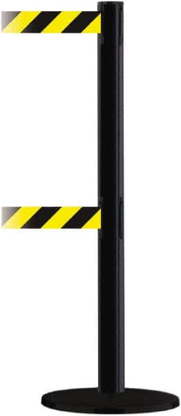 Tensator - 38" High, 2-1/2" Pole Diam, Barricade Tape Dispenser - 14" Base Diam, Round Plastic Base, Black Steel Post, 13' x 1-7/8" Tape, Dual Line Tape, For Outdoor Use - Americas Industrial Supply