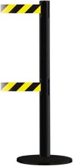 Tensator - 38" High, 2-1/2" Pole Diam, Barricade Tape Dispenser - 14" Base Diam, Round Plastic Base, Black Steel Post, 13' x 1-7/8" Tape, Dual Line Tape, For Outdoor Use - Americas Industrial Supply