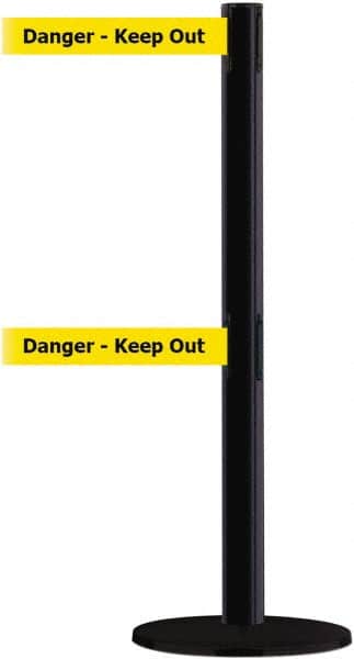 Tensator - 38" High, 2-1/2" Pole Diam, Barricade Tape Dispenser - 14" Base Diam, Round Plastic Base, Black Steel Post, 7-1/2' x 1-7/8" Tape, Dual Line Tape, For Outdoor Use - Americas Industrial Supply