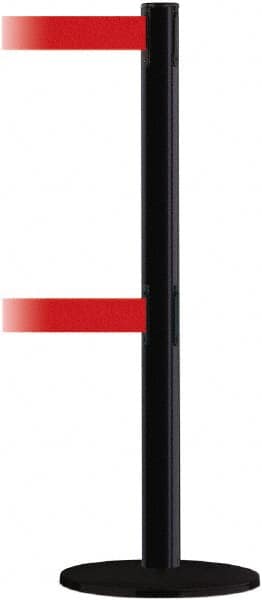 Tensator - 38" High, 2-1/2" Pole Diam, Barricade Tape Dispenser - 14" Base Diam, Round Plastic Base, Black Steel Post, 7-1/2' x 1-7/8" Tape, Dual Line Tape, For Outdoor Use - Americas Industrial Supply