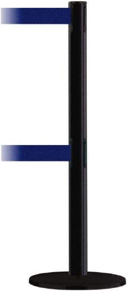 Tensator - 38" High, 2-1/2" Pole Diam, Barricade Tape Dispenser - 14" Base Diam, Round Plastic Base, Black Steel Post, 7-1/2' x 1-7/8" Tape, Dual Line Tape, For Outdoor Use - Americas Industrial Supply