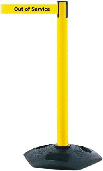 Tensator - 38" High, 2-1/2" Pole Diam, Barricade Tape Dispenser - 14" Base Diam, Round Rubber Base, Yellow Polymer Post, 7-1/2' x 1-7/8" Tape, Single Line Tape, For Outdoor Use - Americas Industrial Supply