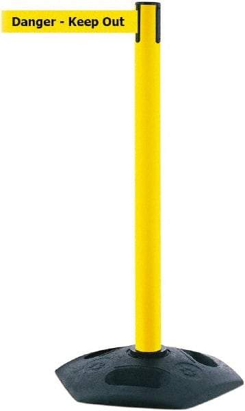 Tensator - 38" High, 2-1/2" Pole Diam, Barricade Tape Dispenser - 14" Base Diam, Round Rubber Base, Yellow Polymer Post, 7-1/2' x 1-7/8" Tape, Single Line Tape, For Outdoor Use - Americas Industrial Supply