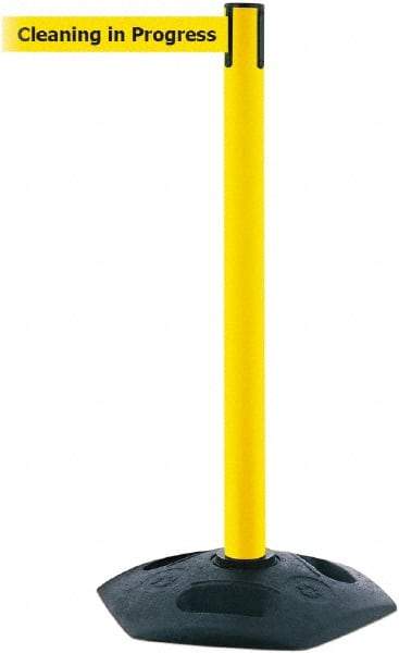 Tensator - 38" High, 2-1/2" Pole Diam, Barricade Tape Dispenser - 14" Base Diam, Round Rubber Base, Yellow Polymer Post, 7-1/2' x 1-7/8" Tape, Single Line Tape, For Outdoor Use - Americas Industrial Supply