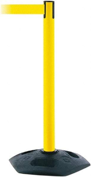 Tensator - 38" High, 2-1/2" Pole Diam, Barricade Tape Dispenser - 14" Base Diam, Round Rubber Base, Yellow Polymer Post, 7-1/2' x 1-7/8" Tape, Single Line Tape, For Outdoor Use - Americas Industrial Supply