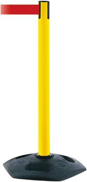 Tensator - 38" High, 2-1/2" Pole Diam, Barricade Tape Dispenser - 14" Base Diam, Round Rubber Base, Yellow Polymer Post, 7-1/2' x 1-7/8" Tape, Single Line Tape, For Outdoor Use - Americas Industrial Supply