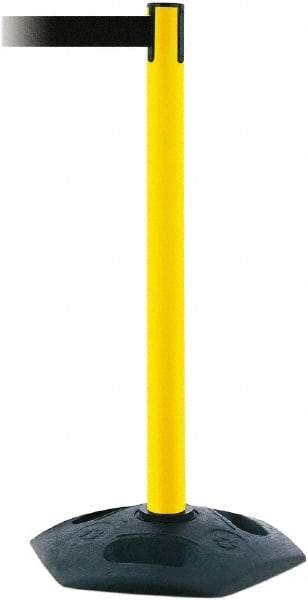 Tensator - 38" High, 2-1/2" Pole Diam, Barricade Tape Dispenser - 14" Base Diam, Round Rubber Base, Yellow Polymer Post, 7-1/2' x 1-7/8" Tape, Single Line Tape, For Outdoor Use - Americas Industrial Supply
