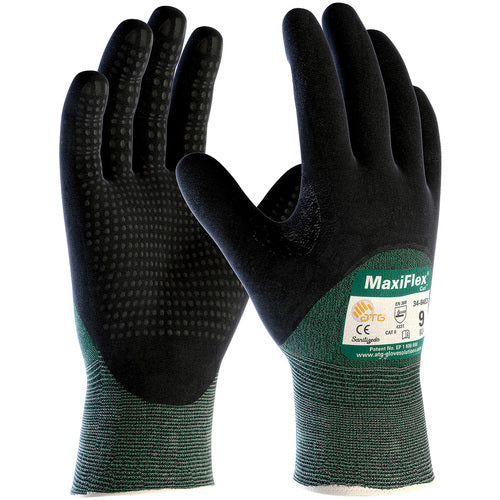 ‎34-8453/L Gloves for Cut Protection - MaxiFlex Cut - Green Eng Yarn - Black 3/4 MicroFoam Nitrile Dot Grip - A2 - Exact Industrial Supply