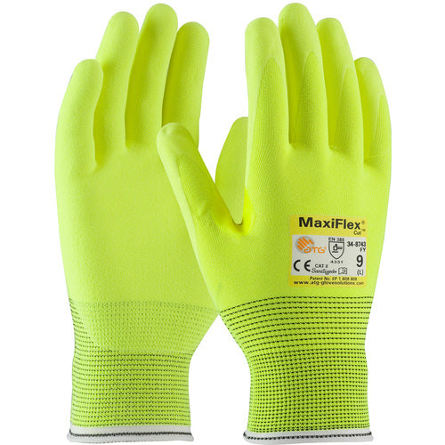 ‎34-8743FY/XXL Cut Resistant Gloves - MaxiFlex Cut - HiVis Yellow Eng Yarn Shell & Nitrile MicroFoam Grip - A2 - Exact Industrial Supply