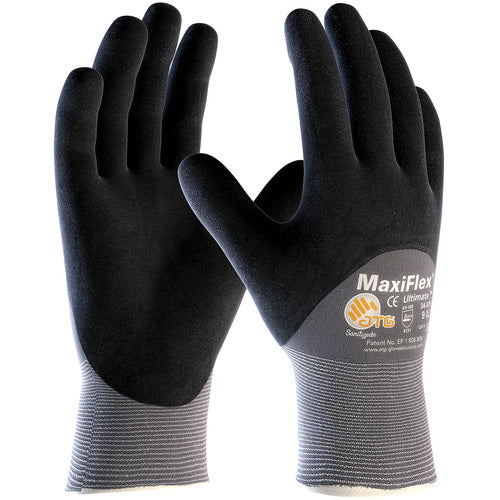‎34-875/M MaxiFlex Seamless Knits - MaxiFlex Ultimate - 15G Gray Nylon Shell - 3/4 Black Nitrile Micro-Foam - Exact Industrial Supply