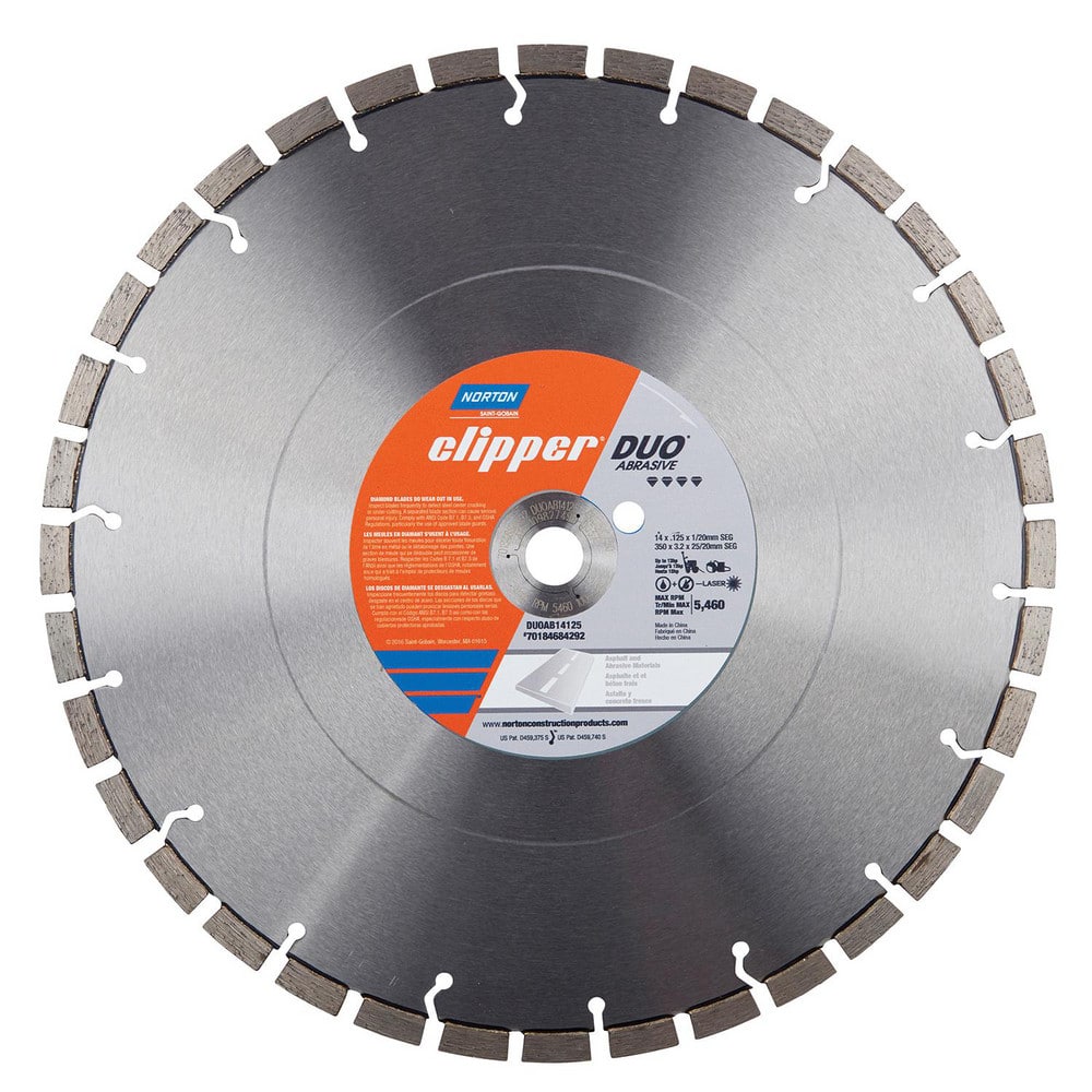 Wet & Dry Cut Saw Blade: 14″ Dia, 1″ Arbor Hole, 0.125″ Kerf Width, 36 Teeth High Speed Steel Teeth, Use on Masonry, Standard Arbor