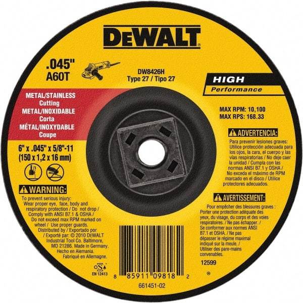 DeWALT - 60 Grit, 6" Wheel Diam, Type 27 Depressed Center Wheel - Aluminum Oxide, Resinoid Bond, 10,100 Max RPM - Americas Industrial Supply
