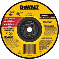 DeWALT - 60 Grit, 6" Wheel Diam, Type 27 Depressed Center Wheel - Aluminum Oxide, Resinoid Bond, 10,100 Max RPM - Americas Industrial Supply