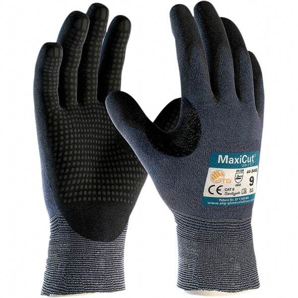 ATG - Size M, ANSI Cut Lvl A3, Puncture Lvl 2, Abrasion Lvl 4, Nitrile Coated Engineered Yarn Cut Resistant Gloves - Palm & Fingers Coated, Knit Wrist, Blue, Paired - Americas Industrial Supply