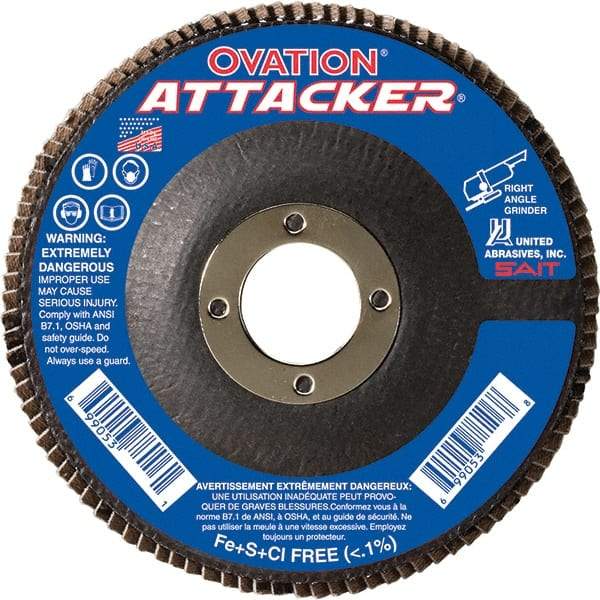 Sait - 60 Grit, 5" Disc Diam, 7/8" Center Hole, Type 27 Zirconia Alumina Flap Disc - 12,200 Max RPM, Fiberglass Backing, Arbor Attaching System, Coated - Americas Industrial Supply