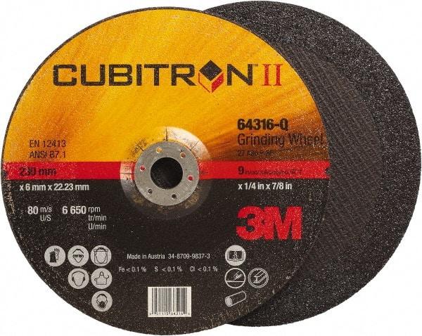3M - 36 Grit, 9" Wheel Diam, 1/4" Wheel Thickness, 7/8" Arbor Hole, Type 27 Depressed Center Wheel - Coarse Grade, Ceramic, Resinoid Bond, Q Hardness, 6,650 Max RPM, Compatible with Angle Grinder - Americas Industrial Supply