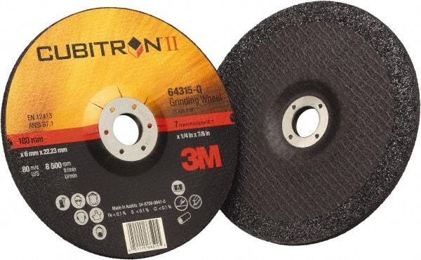 3M - 36 Grit, 7" Wheel Diam, 1/4" Wheel Thickness, 7/8" Arbor Hole, Type 27 Depressed Center Wheel - Coarse Grade, Ceramic, Resinoid Bond, Q Hardness, 8,500 Max RPM, Compatible with Angle Grinder - Americas Industrial Supply