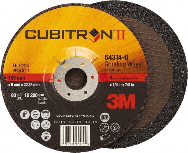 3M - 36 Grit, 6" Wheel Diam, 1/4" Wheel Thickness, 7/8" Arbor Hole, Type 27 Depressed Center Wheel - Coarse Grade, Ceramic, Resinoid Bond, Q Hardness, 10,200 Max RPM, Compatible with Angle Grinder - Americas Industrial Supply