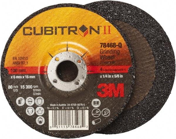 3M - 36 Grit, 4" Wheel Diam, 1/4" Wheel Thickness, 5/8" Arbor Hole, Type 27 Depressed Center Wheel - Coarse Grade, Ceramic, Resinoid Bond, Q Hardness, 15,000 Max RPM, Compatible with Angle Grinder - Americas Industrial Supply