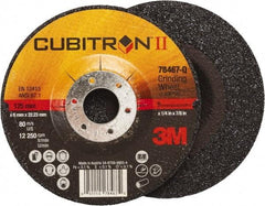 3M - 36 Grit, 5" Wheel Diam, 1/4" Wheel Thickness, 7/8" Arbor Hole, Type 27 Depressed Center Wheel - Coarse Grade, Ceramic, Resinoid Bond, Q Hardness, 12,250 Max RPM, Compatible with Angle Grinder - Americas Industrial Supply