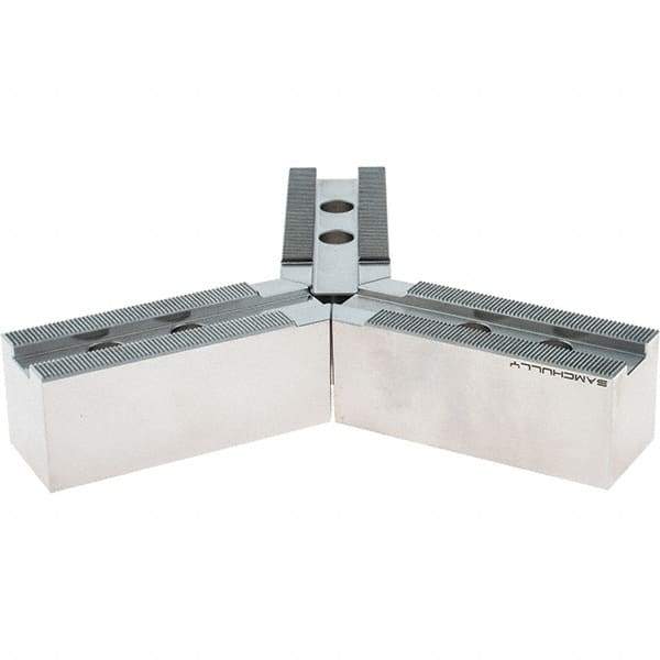 Samchully - 254mm Max Chuck Capacity, 1.5mm x 60° Serrated Interface, Round Soft Lathe Chuck Jaw - 3 Jaw, Steel, 30mm Btw Mount Hole Ctrs, 110mm Long, 40mm Wide, 42mm High, 16mm Groove, M12mm Fastener - Americas Industrial Supply