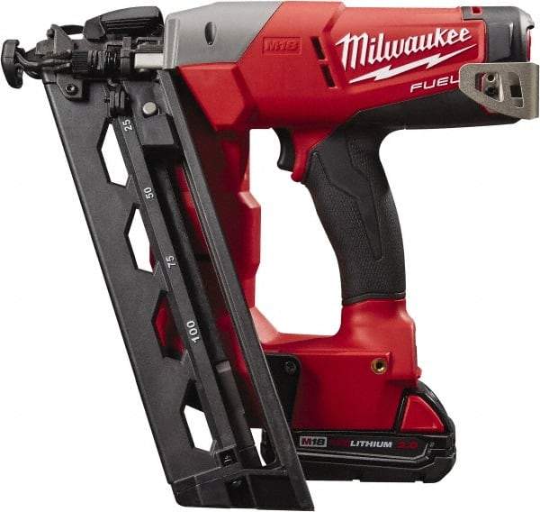 Milwaukee Tool - Cordless Finish Nailer Kit - 16 Gauge Nail Diam, 1-1/4 to 2-1/2" Long Nail, Lithium-Ion Batteries Included - Americas Industrial Supply