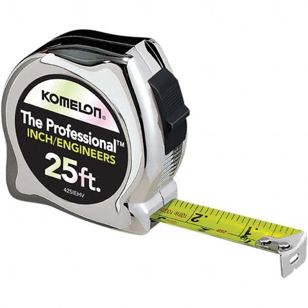 Tape Measure: 25' Long, 1″ Width, High-Visibility Yellow & White Blade 1/16″ Graduation, Inch Graduation