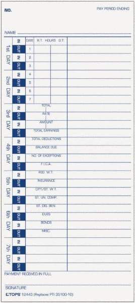 TOPS - 9" High x 4" Wide Weekly Time Cards - White, Use with Pyramid 35100-10 - Americas Industrial Supply