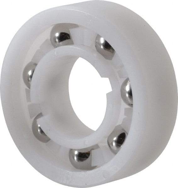 Made in USA - 5/8" Bore Diam, 1-3/8" OD, Open Plastic Race Radial Ball Bearing - 7/16" Wide, 1 Row, Round Bore, 46 Lb Static Capacity, 69 Lb Dynamic Capacity - Americas Industrial Supply