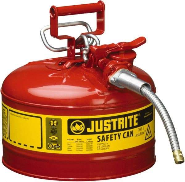 Justrite - 2 Gal Galvanized Steel Type II Safety Can - 13-1/4" High x 9-1/2" Diam, Red with Yellow - Americas Industrial Supply