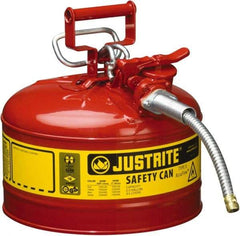 Justrite - 2 Gal Galvanized Steel Type II Safety Can - 13-1/4" High x 9-1/2" Diam, Red with Yellow - Americas Industrial Supply