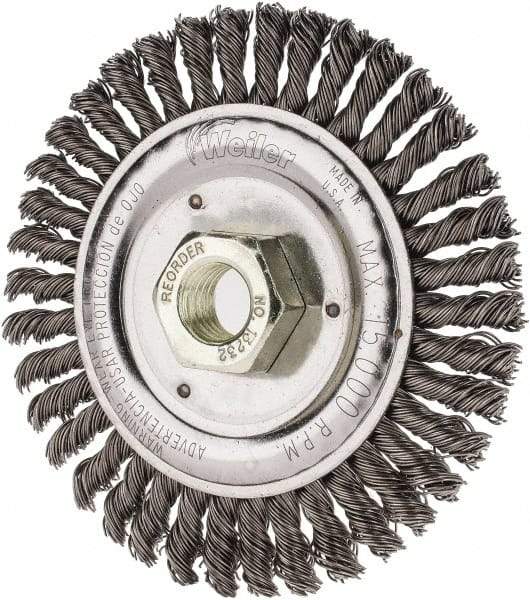 Weiler - 4-1/2" OD, 5/8" Arbor Hole, Knotted Steel Wheel Brush - 3/16" Face Width, 7/8" Trim Length, 0.02" Filament Diam, 12,500 RPM - Americas Industrial Supply