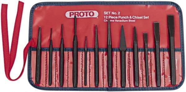 Proto - 12 Piece Punch & Chisel Set - 3/16 to 1/2" Chisel, 3/32 to 3/8" Punch, Hex Shank - Americas Industrial Supply