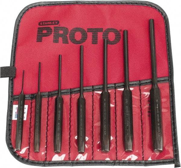 Proto - 7 Piece, 1/16 to 1/4", Pin Punch Set - Hex Shank, Steel, Comes in Tool Roll - Americas Industrial Supply