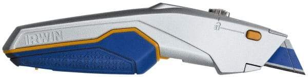 Irwin - Retractable Utility Knife - 5-3/4" Blade, Blue, Yellow & Silver ProTouch Handle, 10 Blades Included - Americas Industrial Supply