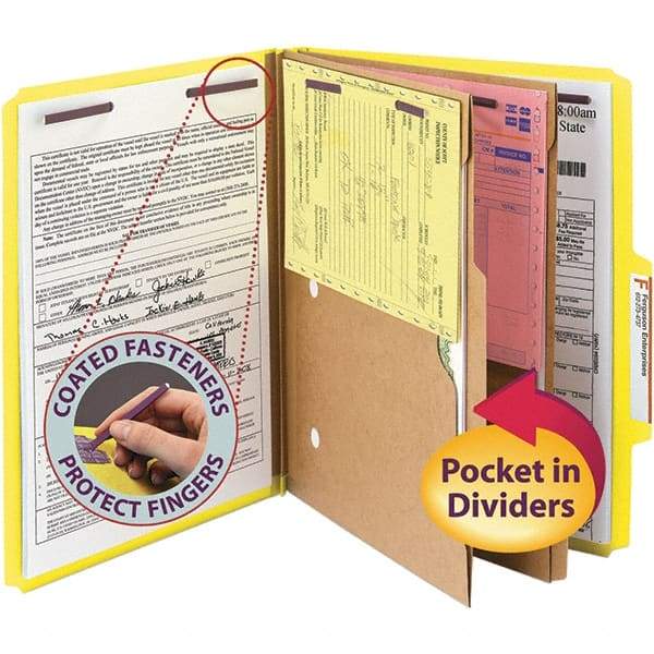 SMEAD - 11-5/8 x 9-1/2", Letter Size, Yellow, Classification Folders with Top Tab Fastener - 23 Point Stock, Right of Center Tab Cut Location - Americas Industrial Supply