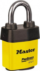 Master Lock - 1-1/8" Shackle Clearance, Keyed Different Padlock - 5/16" Shackle Diam, Laminated Steel - Americas Industrial Supply