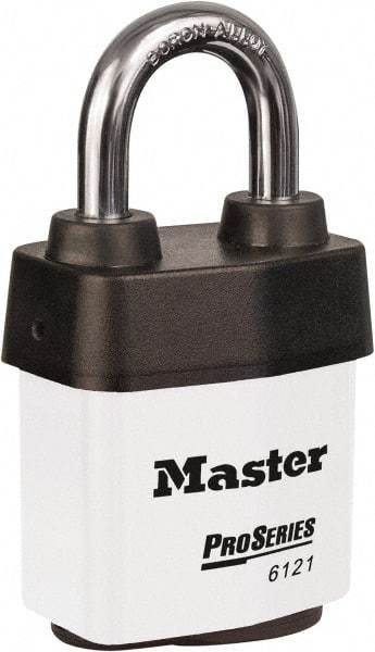 Master Lock - 1-1/8" Shackle Clearance, Keyed Different Padlock - 5/16" Shackle Diam, Laminated Steel - Americas Industrial Supply