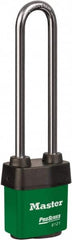Master Lock - 5-5/8" Shackle Clearance, Keyed Different Padlock - 5/16" Shackle Diam, Laminated Steel - Americas Industrial Supply