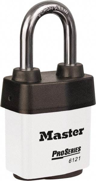 Master Lock - 1-1/2" Shackle Clearance, Keyed Different Padlock - 5/16" Shackle Diam, Laminated Steel - Americas Industrial Supply