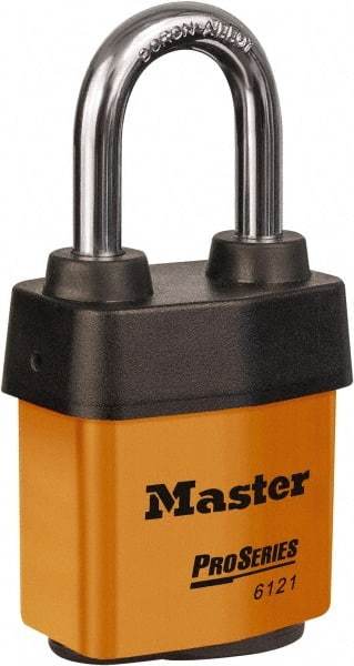 Master Lock - 1-1/2" Shackle Clearance, Keyed Different Padlock - 5/16" Shackle Diam, Laminated Steel - Americas Industrial Supply