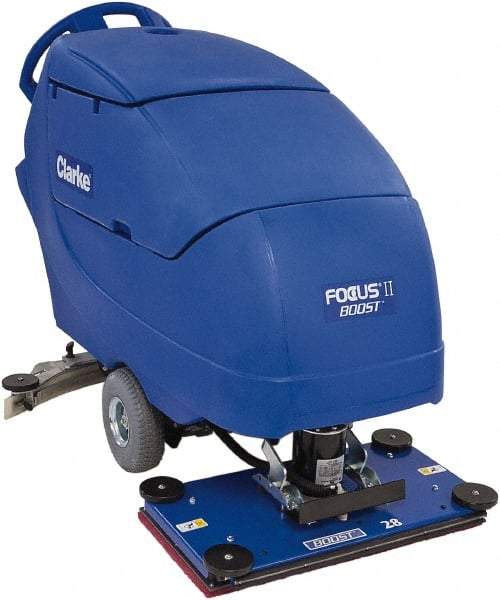 Clarke - 28" Cleaning Width, Battery Powered Floor Scrubber - 0.75 hp, 2,250 RPM, 23 Gal Tank Capacity - Americas Industrial Supply