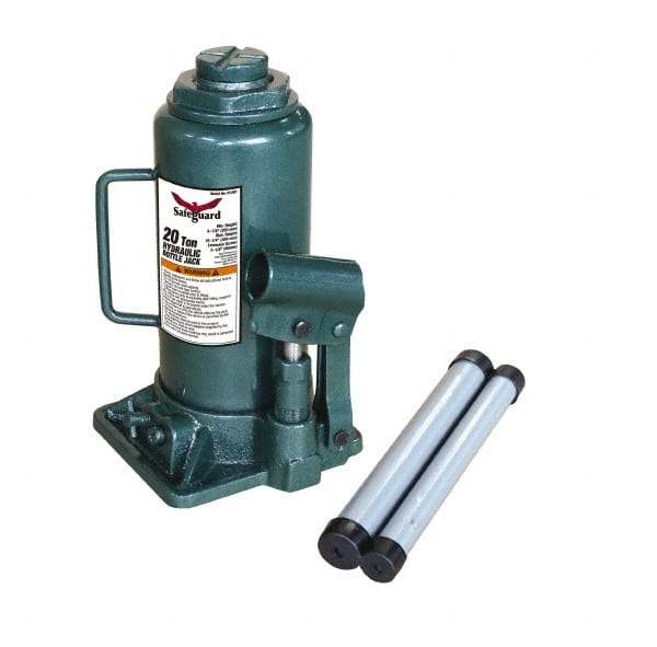 Safeguard - 20 Ton Capacity Hydraulic Bottle Jack - 9-1/2" to 17-3/4" High, 5.91" Piston Stroke, 1-7/8" Screw Length, 1.42" Screw Diam, 2.09" Plunger Diam, 5-15/16" Long x 6-1/4" Wide Base - Americas Industrial Supply