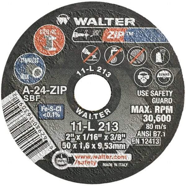 WALTER Surface Technologies - 2" 24 Grit Aluminum Oxide Cutoff Wheel - 1/16" Thick, 3/8" Arbor, 30,600 Max RPM, Use with Die Grinders - Americas Industrial Supply