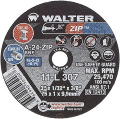 WALTER Surface Technologies - 3" 24 Grit Aluminum Oxide Cutoff Wheel - 1/32" Thick, 3/8" Arbor, 25,470 Max RPM, Use with Die Grinders - Americas Industrial Supply