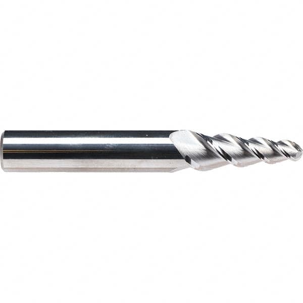 Emuge - 6° Taper Angle per Side, 5.33mm Small End Diam, 25mm LOC, Solid Carbide 3 Flute Tapered Ball End Mill - 68mm OAL, 8mm Shank Diam, Spiral Flute, 45° Helix - Americas Industrial Supply