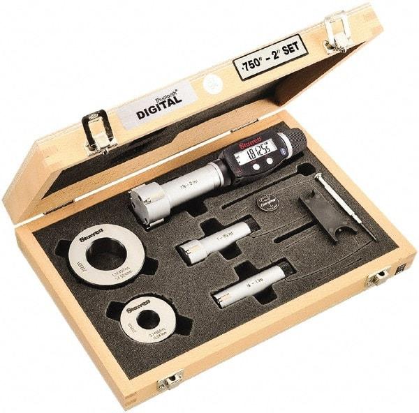 Starrett - 20 to 50mm, 80mm Gage Depth, 0.001mm Resolution, Friction Thimble, IP65 Electronic Inside Hole Micrometer Set - Accurate to 0.004mm, 1 Head, 3 Anvils, 2 Setting Rings, Data Output, Instant Inch/Millimeter Conversion - Americas Industrial Supply