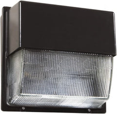 Lithonia Lighting - 72 Watt, 4,700 Lumen, 5,000°K, 120-277 Volt, LED Wall Pack Light Fixture - Prismatic Glass Lens, Aluminum Housing, Bronze (Color), Wall Mount, 8-15/16" Deep x 9-1/2" High x 10-9/16" Wide - Americas Industrial Supply