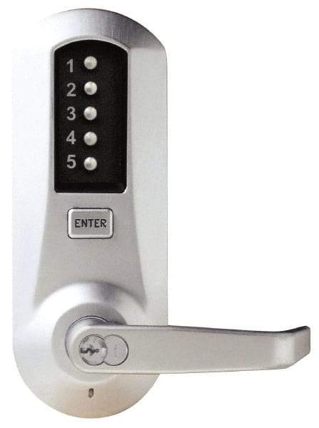 Kaba Access - Combination Entry Lever Lockset with Key Override - 2-3/4" Back Set, No Cylinder, Zamak3, Satin Chrome Finish - Americas Industrial Supply