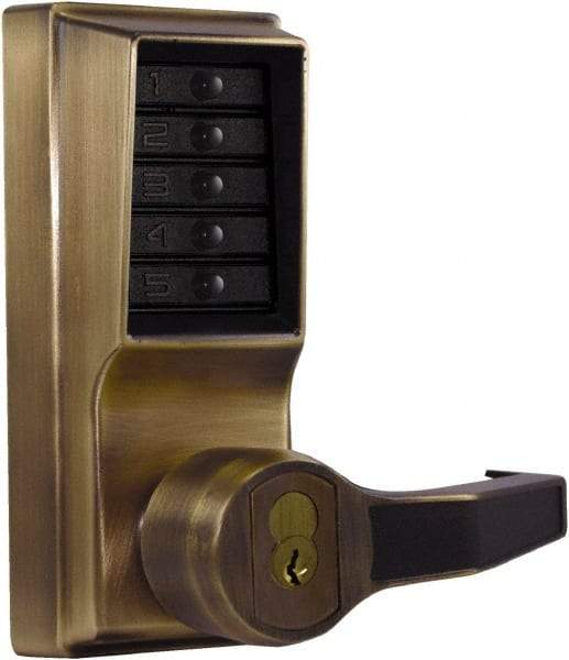 Kaba Access - Combination Entry Lever Lockset with Key Override - 2-3/4" Back Set, No Cylinder, Zamak3, Antique Brass Finish - Americas Industrial Supply